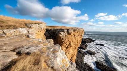 Aufkleber - Scenic coastal landscape with rocky cliffs, ocean waves, and a blue sky dotted with clouds. Golden grasses and rock formations in natural light