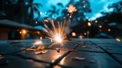 Poster - Close up of a sparkler burning brightly with vibrant sparks and smoke against a blurred teal background on a tiled surface. Orange sparks and yellow leaves around