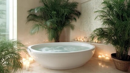 Poster - Serene spa bathroom scene featuring a large white bathtub with bubbling water surrounded by lit candles and lush green plants creating a tranquil atmosphere