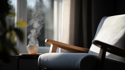 Poster - Cozy living space with a steaming cup of coffee on a side table next to an armchair bathed in sunlight. The window and curtains add depth