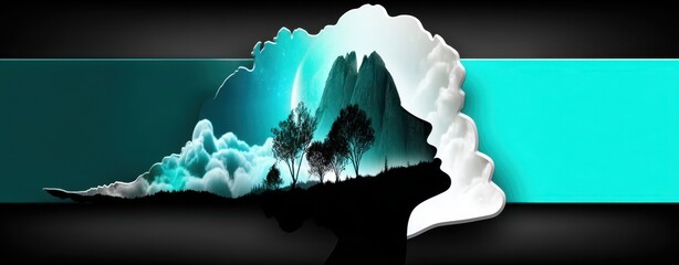 Poster - Surreal Cosmic Vision of a Woman's Profile Merging with a Dreamlike Space Landscape in Double Exposure Art