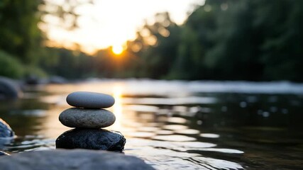 Poster - Stacked river stones in water with a blurred background and a sunset providing soft lighting. Focus on balance and tranquility