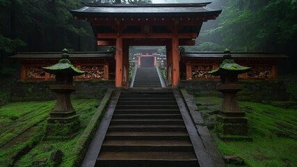 Poster - Japanese temple entrance view with red gate and steps leading to the shrine. Lush green moss and trees in background. Peaceful atmosphere and moody lighting during the day