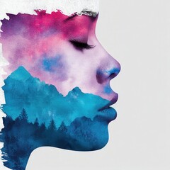 Poster - Surreal Cosmic Vision with Double Exposure of Female Profile Merging with Vibrant Space and Nature Elements in Dreamlike Setting