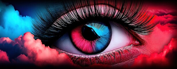 Poster - Surreal Cosmic Vision with Double Exposure Technique Featuring an Eye Surrounded by Colorful Clouds in a Mystical Space Setting