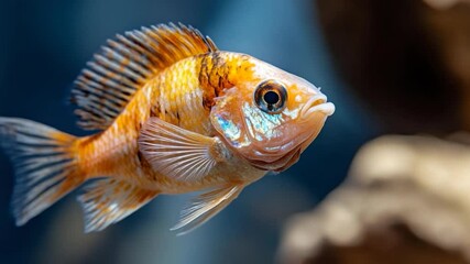 Aufkleber - Close-up of a vibrant orange and gold fish swimming in water with a blurred background a captivating underwater scene