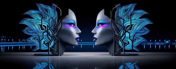 Poster - Surreal Cosmic Vision of Double Exposure Faces in a Stunning Space Scene with Futuristic Elements and Vibrant Colors