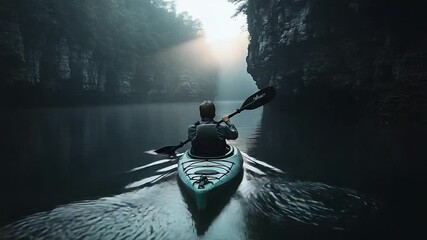 Poster - A lone kayaker navigates a tranquil, misty river bordered by towering cliffs and dense, dark green foliage. Sunbeams pierce through the fog creating a serene and adventurous scene