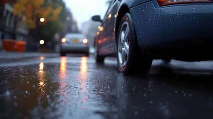 Poster - A rainy street scene with reflections on wet asphalt featuring dark car parked on the right and blurred background of traffic and lights