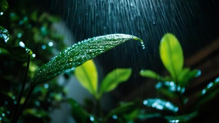 Leinwandbilder - Close-up view of lush green leaves glistening with water droplets under artificial rain against a dark background. Selective focus captures the texture and freshness of the foliage