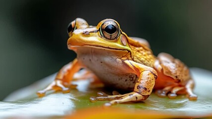 Poster - Close-up of a vibrant amphibian resting on a leaf with a blurred dark background showcasing details of the amphibian's texture and color