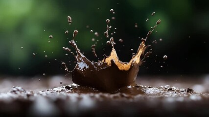 Aufkleber - Dramatic close-up captures a splash of mud forming a crown shape against a blurred green background. Showcases the dynamic formation and texture of the mud particles in motion