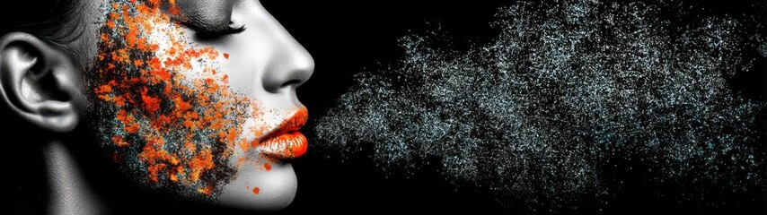 Poster - Surreal Cosmic Vision with Double Exposure of Vibrant Colors and Space Elements Featuring a Artistic Portrait of a Woman's Face