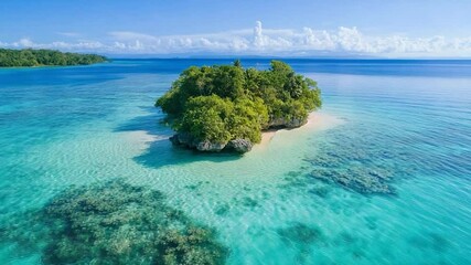 Aufkleber - Aerial view of a tropical island with lush greenery and clear turquoise waters surrounded by coral reefs under a bright blue sky creating a serene atmosphere