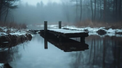 Aufkleber - A tranquil waterscape features a small wooden dock blanketed in snow reflected in still water misty background and bare trees convey a serene winter atmosphere