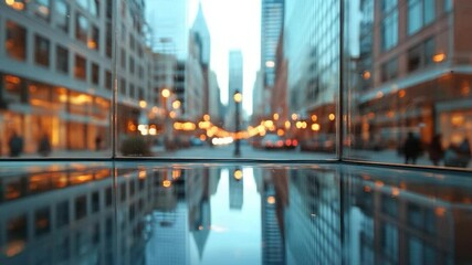 Poster - Cityscape through a window showcasing blurred lights and reflective surfaces. Buildings reflected in a polished floor creating a symmetric abstract composition. Evening atmosphere with warm and cool