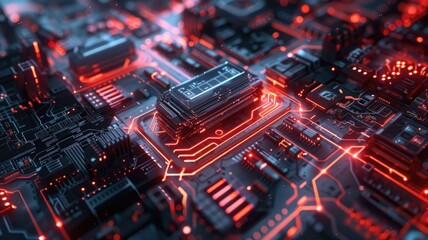 Fototapete - Abstract of chip on complex circuit with digital technology style design and the electric light graphic show dynamic movement represent about processor algorithm process on high tech device. AIG53.