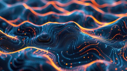 Poster - Explore an abstract data visualization representing telecommunication concepts with luminous waves and vibrant colors, ideal for technology projects.