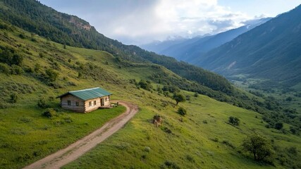 Poster - A wooden cabin nestled on a lush green hillside with a dirt road leading to it against a backdrop of towering mountains and a cloudy sky