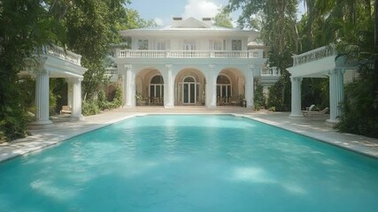 Poster - Exterior view of a luxury estate featuring a turquoise pool a white mansion with columns and lush greenery. Daytime scene with a clear sky creates a serene atmosphere
