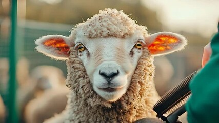 Aufkleber - Close-up of a sheep with a person grooming its fur. The sheep has a light colored woolly coat and is looking at the camera. Warm colors illuminate the ear. The background is blurry