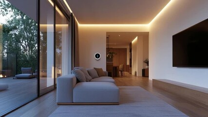 Aufkleber - Modern living room interior design with warm lighting a large sofa a smart home device and expansive glass doors overlooking a lush outdoor space