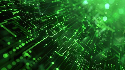 Fototapete - Abstract picture chip on green complex circuit with digital technology style design and the electric parts graphic show high tech system represent about processor algorithm process on computer. AIG53.