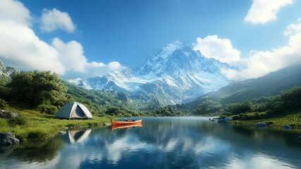 Poster - A tranquil mountain lake scene with a snow-capped peak under a bright blue sky. Features a camping tent and a small orange boat with reflections on the water