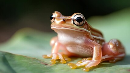 Aufkleber - Close up of a small animal sitting on a large green leaf. The animal is tan with stripes and large eyes, well lit in a natural setting