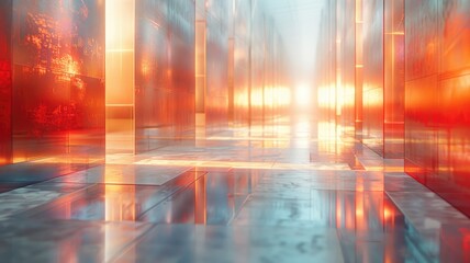Poster - Explore a vibrant 3D geometric design featuring abstract shapes and reflections. This visually captivating scene evokes a modern aesthetic with its luminous corridor and rich colors.
