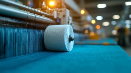 Aufkleber - Close-up of a textile production process. White yarn spool and blue fabric on a weaving machine. Industrial interior with bokeh effect in the background