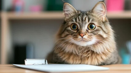 Aufkleber - A fluffy tabby cat with big eyes sits at a desk with a clipboard in soft focus. The cat has a thoughtful expression and is in an office setting. The lighting is soft and inviting