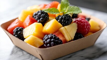Poster - Close-up of a vibrant fruit salad in a brown paper container on a marble surface with fresh mint garnish. Includes melon pineapple strawberries raspberries and blackberries