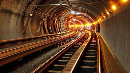 Poster - Illuminated Curved Railway Tunnel Journey Through Captivating Tracks and Infrastructure Design, Exploring Depths of Transportation and Adventure.