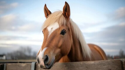 Poster - Close-up of an animal with brown and blonde mane and a white marking on its forehead. The animal is looking at the camera. The background is blurred