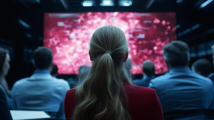 Poster - Rear view of a woman in red jacket with blonde hair in a ponytail looking at large red screen during meeting. Other people are in the background