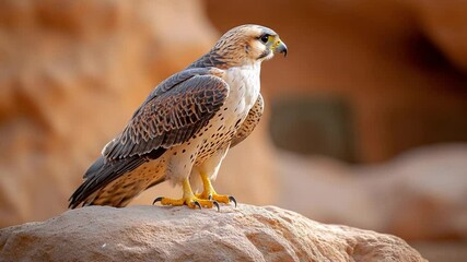 Poster - Majestic bird perched on a weathered rock formation showcasing detailed plumage and vibrant yellow feet. The background suggests a natural desert landscape with warm earthy tones