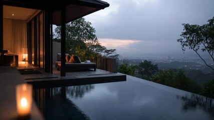 Aufkleber - Luxurious villa view with infinity pool overlooking city at dusk with warm candle light and soft pillows