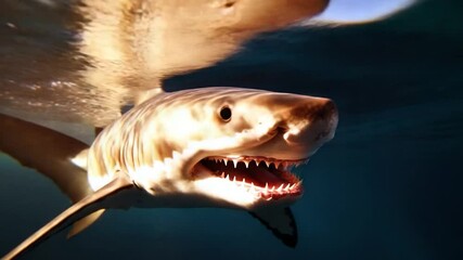 Aufkleber - Close up shot of a shark swimming underwater in a marine environment. The shark is front facing with its mouth open revealing sharp teeth with bright light