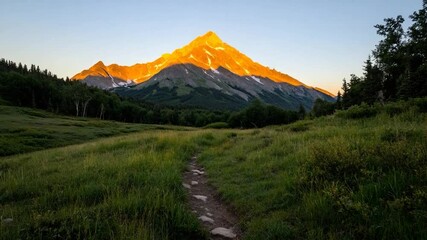 Poster - Mountain landscape at sunset featuring a pathway leading towards a peak illuminated in gold light. Surrounding scenery with green grass and trees
