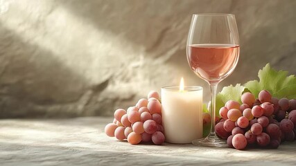 Poster - Still life arrangement featuring a wine glass filled with pink liquid grapes candle and green leaf on a wooden surface under soft lighting