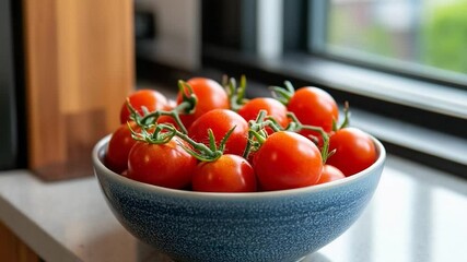 Poster - Close-up shot of a bowl filled with ripe red tomatoes on a kitchen countertop near a window. The tomatoes are the focal point in a blue textured bowl