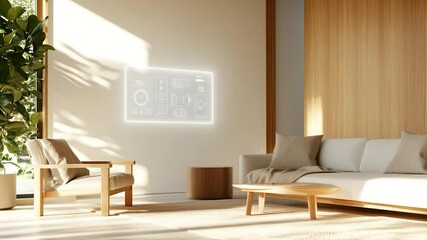 Aufkleber - Modern living room interior design featuring a smart home control panel on the wall. Includes a sofa armchair wooden table and a big plant creating a harmonious atmosphere
