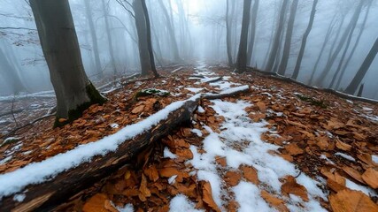Poster - Mystical forest path scene with a trail of snow through fallen leaves. The pathway leads into a foggy, misty atmosphere with tall trees creating a sense of depth