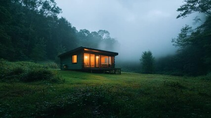 Poster - A tranquil structure illuminated by warm light sits amid dense forest enveloped by misty fog. The scene captures a peaceful and serene atmosphere with shades of green and blue