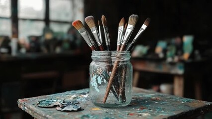 Aufkleber - Artistic still life featuring paint brushes in a glass jar atop a paint-splattered surface in a dimly lit workshop with a blurred background