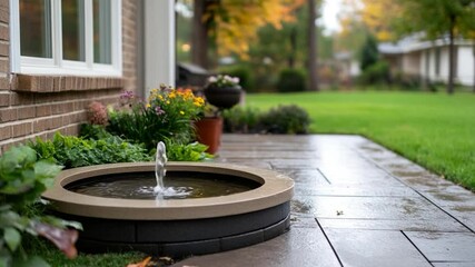 Poster - Outdoor scene with a water fountain water feature with a brick wall and green grass in the background