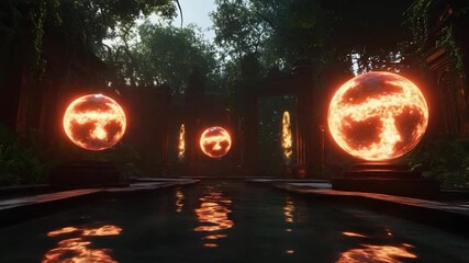 Poster - Mystical scene featuring glowing orbs above reflecting pool. Ancient stone structures stand in lush green environment. Ethereal light highlights detailed textures. Atmospheric and fantasy-inspired