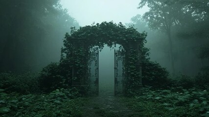 Fototapete - A mystical scene features an open gate in a lush forest covered in green foliage. Fog adds an ethereal atmosphere, creating a sense of mystery and wonder.  The scene evokes tranquility with overgrown