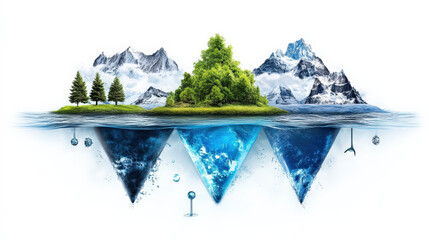 Poster - Surreal landscape features floating islands with lush greenery and snowy mountains above water, while geometric shapes extend below surface, creating dreamlike scene